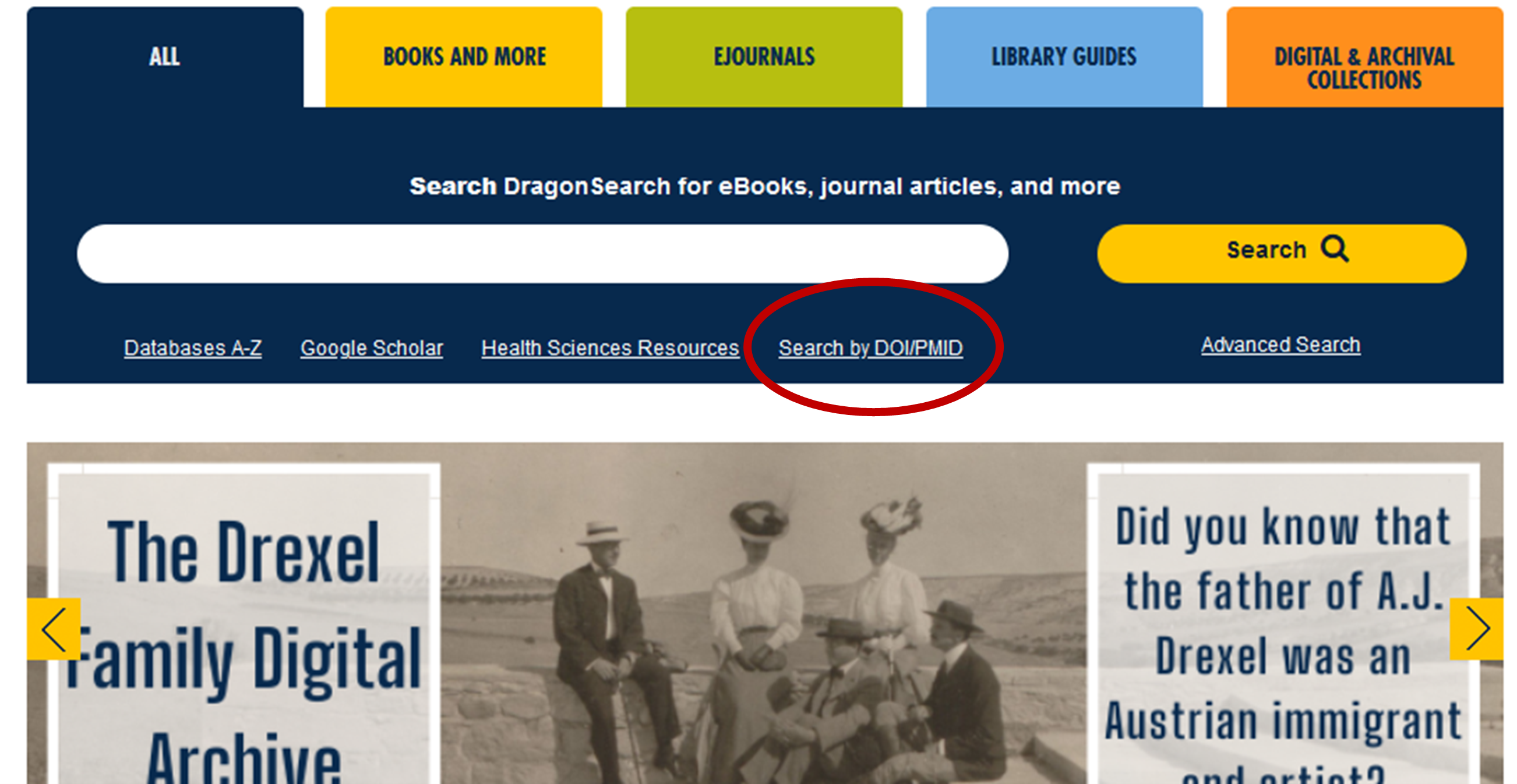 A screenshot of the Libraries' homepage with a circle around the link to search by DOI/PMID
